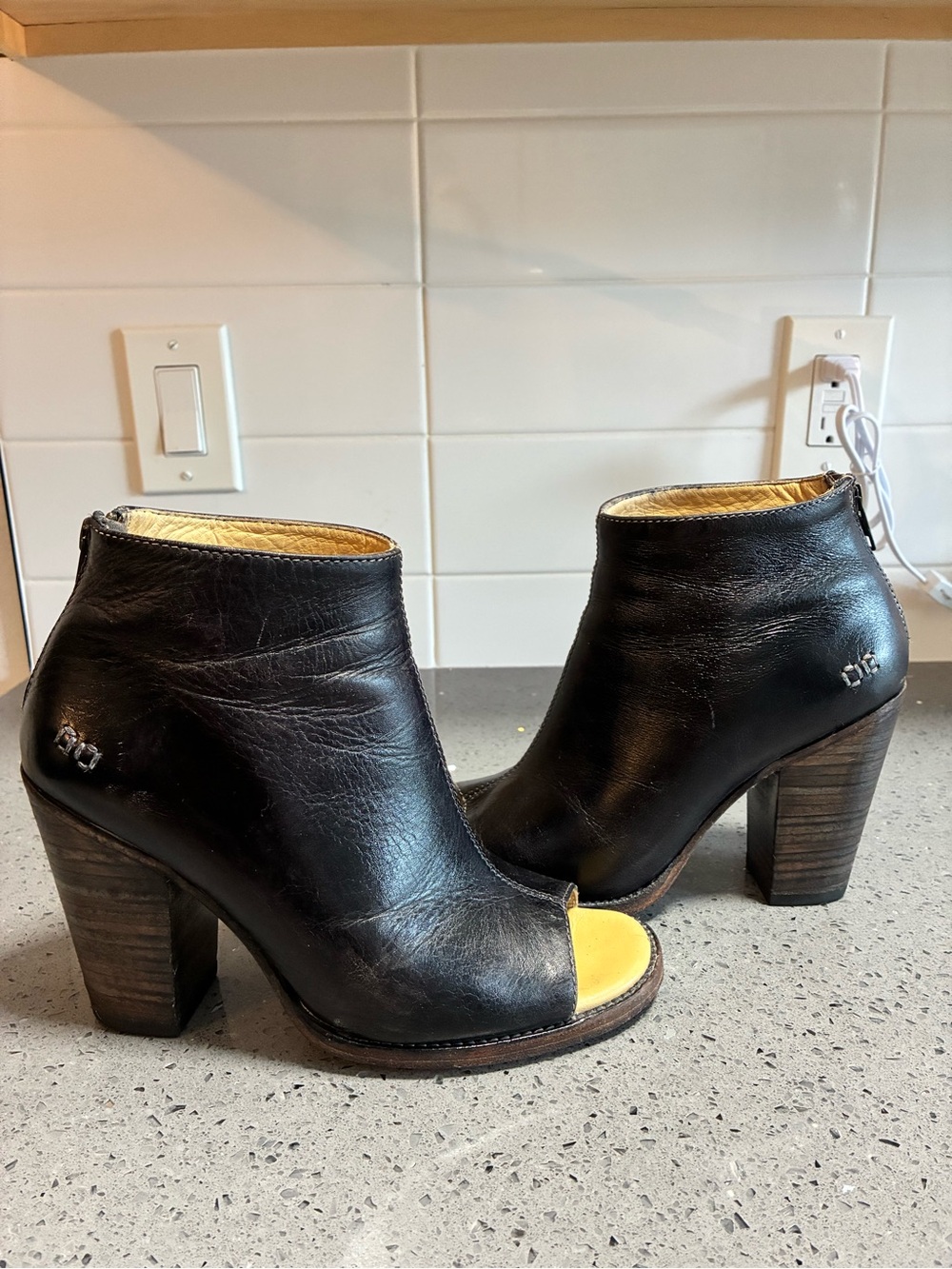 Bed Stu Black Leather Peep-Toe Ankle Booties with Tan Insole